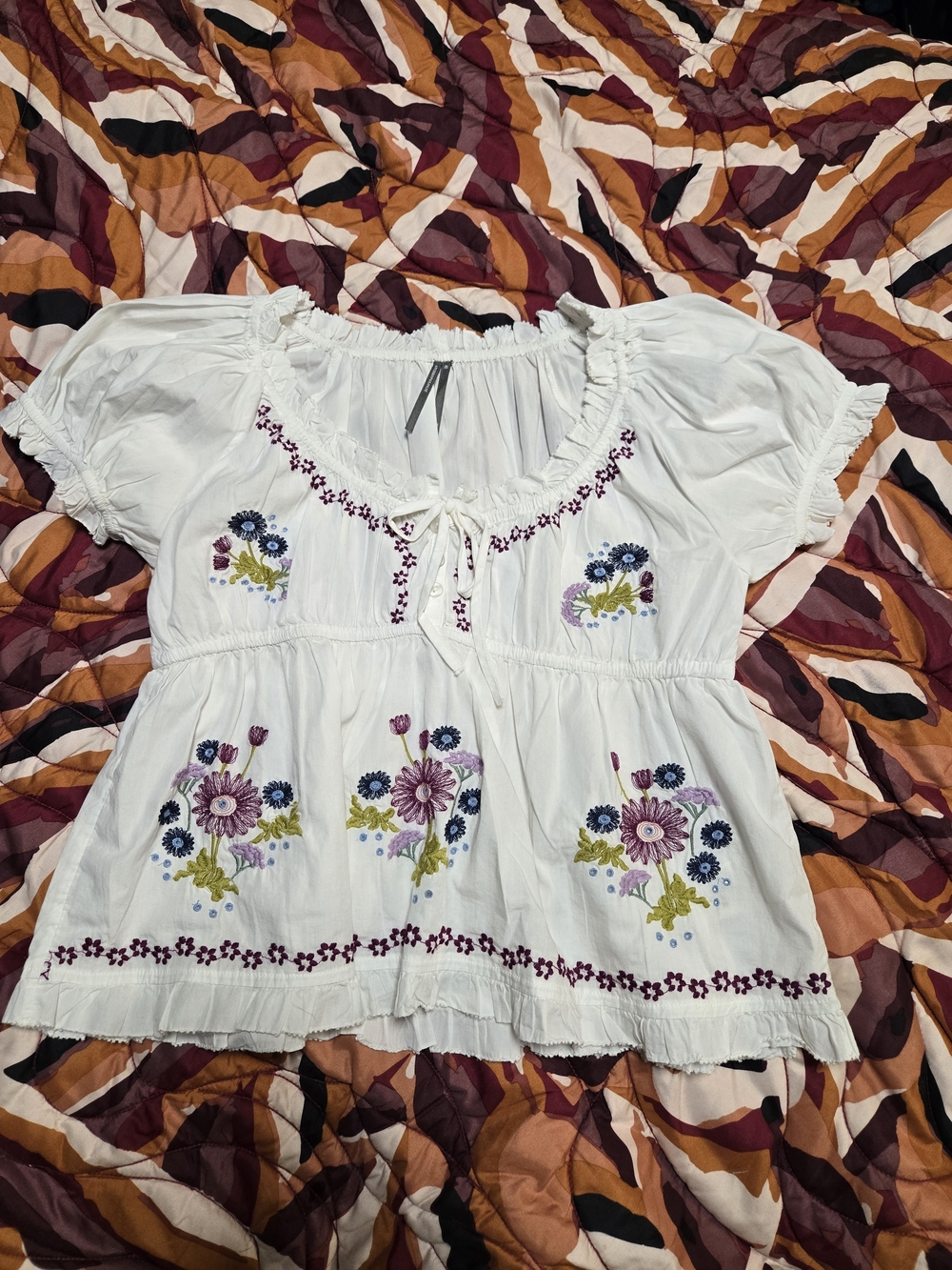 Anthropologie White Peasant Blouse with Purple and Blue Floral Embroidery